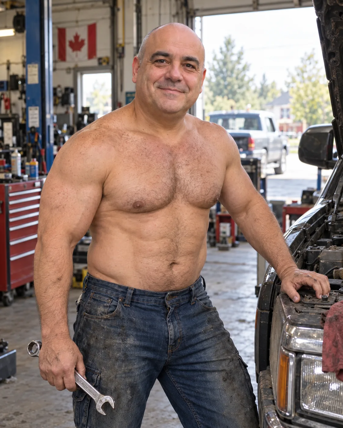 The same Canadian model transformed into a mechanic (staged example)