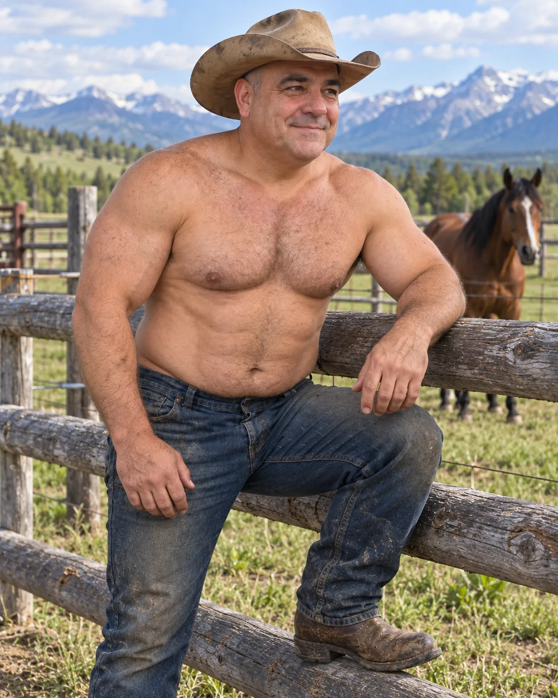 The same Canadian model transformed into a rancher (staged example)